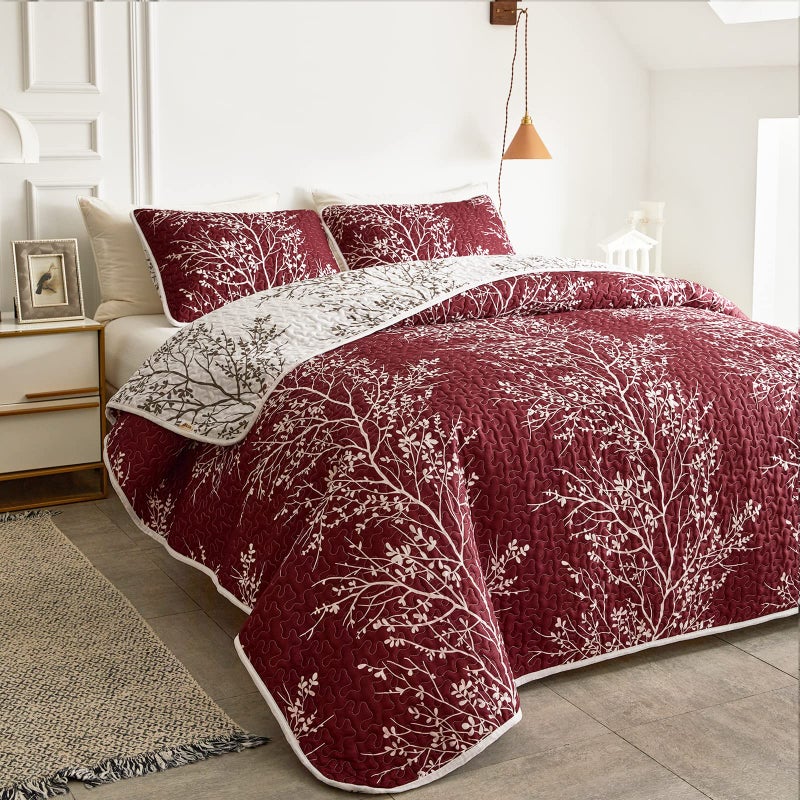 Uozzi Bedding 3 Pieces Christmas Quilt Set Burgundy Red Branch Queen Size 88x88 Soft Microfiber Lightweight Coverlet Bedspread New Year Holiday Bedding Set Bed Cover for All Season (1 Quilt+ 2 Shams) - Image 5